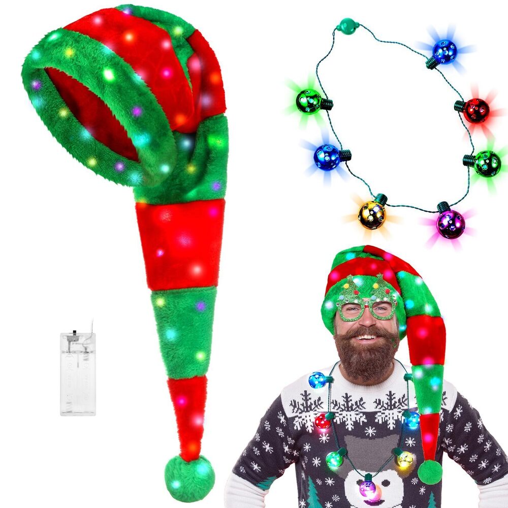 4117 2 Pcs Light up Christmas Hat Necklace Set LED Plush Santa Hat Xmas